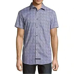 English Laundry Button Up Shirt Short Sleeve Stretch Fitted Casual Blue Medium